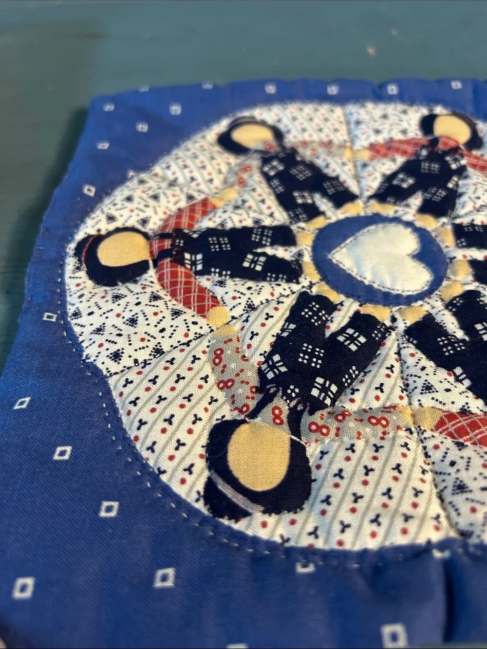 Handcrafted Blue Quilted Pot Holder with Heart Medallion | Farmhouse/Country 8x8